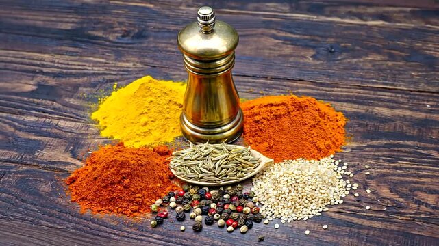 A vibrant assortment of spices arranged artistically around a vintage pepper mill on wooden surface