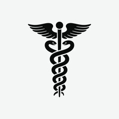 Black & white caduceus symbol vector. Symmetrical, minimalist medical icon with serpent, wings & staff. Perfect for healthcare, clinics, doctors & professional branding.