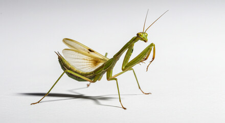Minimalist elegance — a praying mantis calmly posed in a clean studio setup, ideal for modern designs or educational prints.