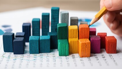 Colorful wooden blocks form a bar graph on charts.  Hand holds pencil, focusing on a block