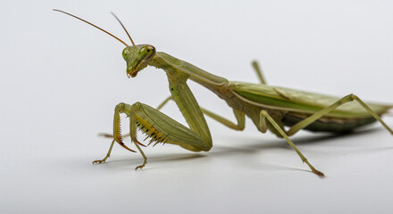 Minimalist elegance — a praying mantis calmly posed in a clean studio setup, ideal for modern designs or educational prints.