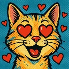 cat love happy smile heart emotion joy eyes pop art cartoon illustration retro