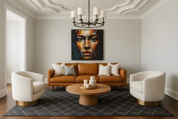 Elegant Transitional Living Room with Abstract Art and Custom Tray Ceiling