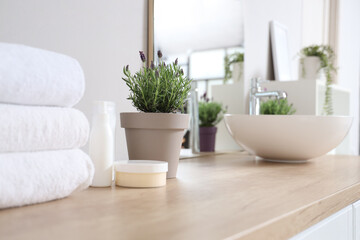 Pot with lavender flowers, towels and cosmetic products near sink in bathroom, closeup