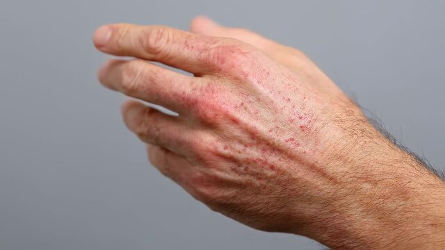 Side angle shot of hand with patchy pink flareups and dotted rash caused by sensitivity to sunlight emphasizing dermatological condition.