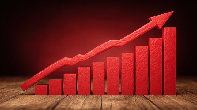 Red graph bar chart illustrating growth in social capital with line graph concept for visualizing economic progress