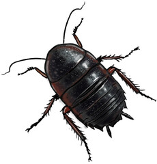 Black cockroach crawling on a surface, displaying its glossy dark exoskeleton and long antennae in sharp detail.