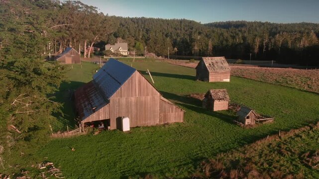 Aerial view of a barn and outbuildings on a farm in  Mendocino, California, USA. The buildings are surrounded by green grass and trees.