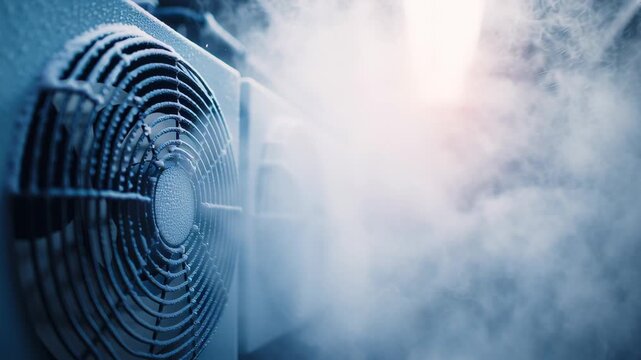 Close-up of a fan producing mist and frost in a cool environment.