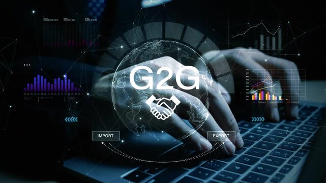 Hands typing on keyboard with G2G digital trade concept, global import export charts and data analytics overlay for business and government partnerships.