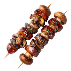 Two skewers of grilled mushrooms and sausage