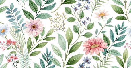 Elegant Botanical Watercolor Pattern with Wildflowers & Leaves V1