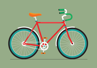 Fototapeta premium Red bicycle with orange seat and green handlebars on olive green background Vector illustration of