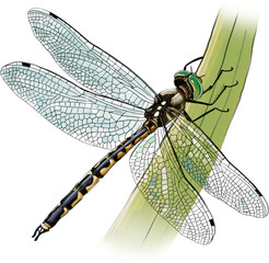 Dragonfly resting on a green leaf, displaying delicate transparent wings and vibrant body colors in natural light.