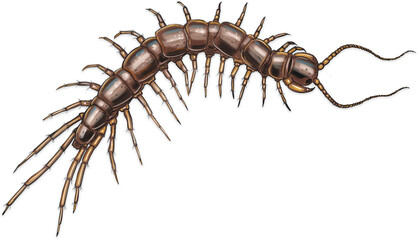 Giant centipede with numerous legs and a segmented body, poised on a natural surface displaying its powerful mandibles.