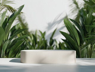 Minimal White Podium in Tropical Garden Light