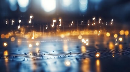 Digital musical notes float above a dark background.
