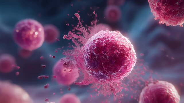 Highdetail rendering of pink donor immune cells binding to host cells triggering immune attack and tissue inflammation characteristic of acute graftversushost disease.