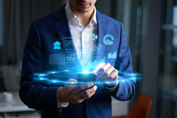 Businessman using mobile smartphone and icon network connection data with growth graph customer, digital marketing, banking and payment online, analysis and planning of business, Generative Ai