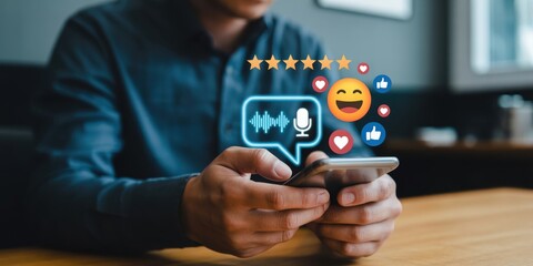 Leveraging Digital Voice Feedback: A person holding a smartphone displaying a voice waveform and positive emoji, illustrating interactive customer reviews and sentiment analysis