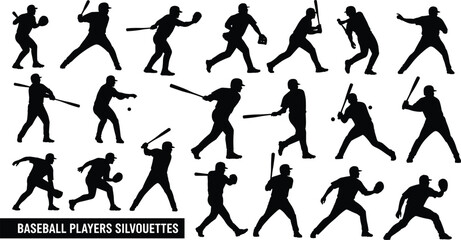 Baseball player silhouettes in various batting, pitching, catching, fielding, and swinging poses, isolated black figures for sports graphic design