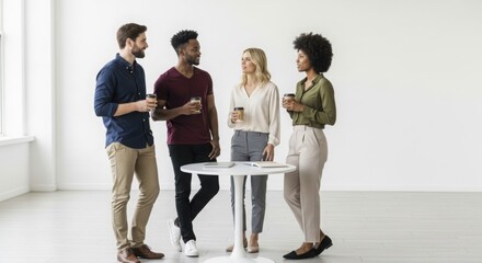 A diverse group of young professionals enjoys a casual coffee break, fostering collaboration and communication in a modern, minimalist office environment.