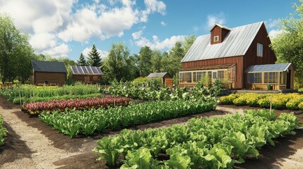 Picturesque Farm Scene: Rustic Barn, Lush Garden, and Sunny Day