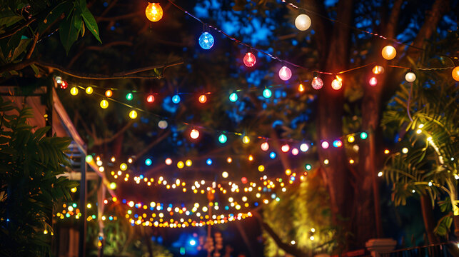 Magical night with colorful fairy lights strung between trees, creating a festive and enchanting atmosphere