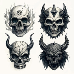 Dark Gothic Skull Illustrations – Halloween Evil Characters with Hood and Horns – Black and White Horror Art