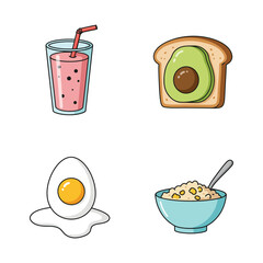 Healthy Breakfast Food Icons Smoothie Toast Egg Oatmeal