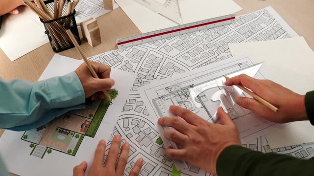 Smart architect and safety engineer discussion about building blueprint on table with architectural document, measurement tools and wooden block scatter around at modern office. Closeup. Delineation.