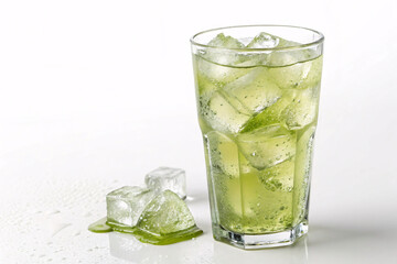 Green lime drink with ice cubes in tall glass, refreshing sparkling beverage with lime wedges scattered around base