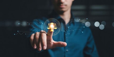 Digital Law and Justice: A person interacting with a glowing scales of justice icon on a virtual circuit board, illustrating technological integration in legal processes and fair governance.