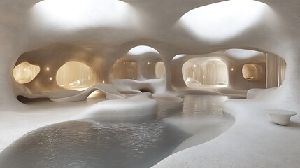 A spa-like interior with unique cave-like architecture.