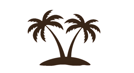 Brown silhouette of two palm trees on a tropical island, vector icon for summer and travel branding.