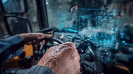 Close up of hands manipulating futuristic augmented reality navigation system while driving a modern truck, showcasing innovative technology for transportation and logistics - Powered by Adobe
