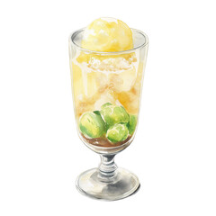 アイスクリームが浮かぶ炭酸ドリンクを水彩で優しく描いた涼感あふれる一枚。透明なグラスに広がる泡と甘さが、夏の午後にぴったりな癒しのカフェドリンクとして魅力的。