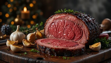medium-rare sliced on a dark, rich cutting board.Surrounded by roasted garlic cloves and fresh herbs like parsley and chives. A moody lighting creates dramatic shadows, highlighting the texture