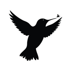 Hummingbird in flight with insect silhouette on a white background image