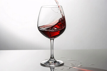 Red wine splashing dramatically in elegant wine glass, capturing motion and movement, gray background with scattered water droplets below.