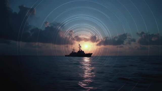 Military guided missile destroyer sailing on calm ocean water during sunset with radar rings overlay effect showing the concept of defense and protection