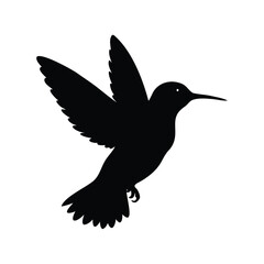 Black silhouette of a hummingbird in flight against a white background