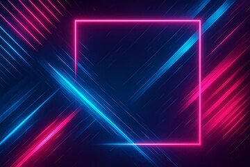 Abstract background with neon square frame and diagonal lines in pink and blue colors design element