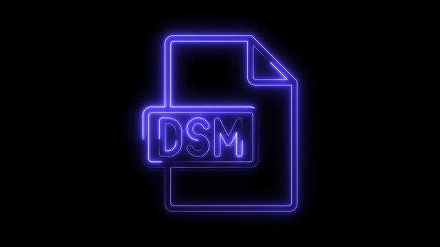 Glowing blue neon D S M file icon animation isolated on black background futuristic digital document symbol