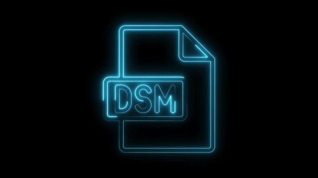 Glowing neon blue D S M file icon symbol isolated on black background futuristic technology digital data