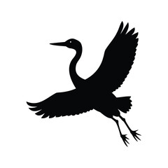 Striking silhouette of a majestic crane taking flight, isolated against white