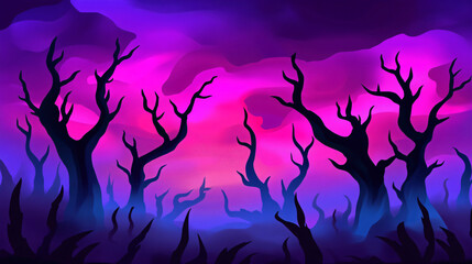 Enchanting forest scene with majestic trees underneath a captivating purple sky at dusk