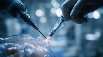 Surgery Metal Implant being drilled, blue tone, modern facility, possible training