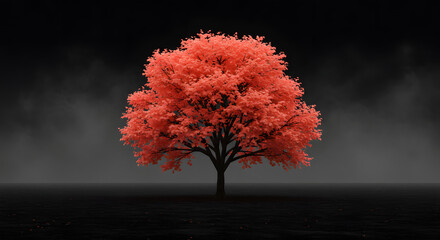 Vibrant crimson tree standing solitary in a misty and surreal dark landscape