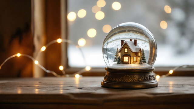 snow globe with fairy lights background